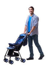 Young dad with child pram isolated on white