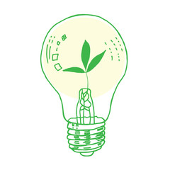 Hand drawn Ecological light bulb leaf vector in green colors palette