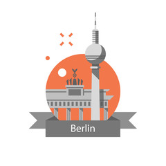 Berlin symbol, Brandenburg gate and tower, Germany travel destination, famous landmark, tourism concept - obrazy, fototapety, plakaty