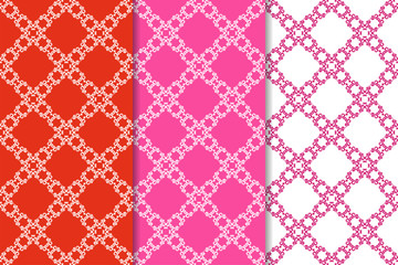 Set of floral ornaments. Red fuchsia seamless patterns