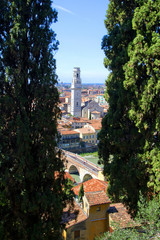 Verona con Ponte Pietra e Duomo Veneto Italia Europa Verona with Pietra Bridge and Cathedral Dome Veneto Italy Europe