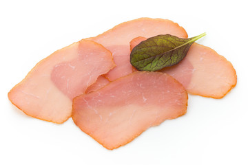 Sliced boiled ham sausage isolated on white background, top view.