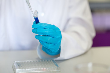 Backgrounds of Science research with 96 wells microplate for laboratory testing.