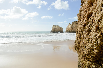 Fototapeta na wymiar Sunny day, ocean cliffs, sand beach panorama view seascape outdoor, inspiring pleasure background