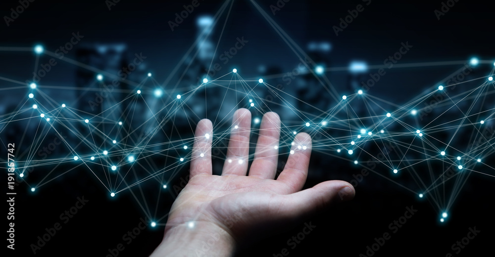 Aufkleber Businessman using flying network connection 3D rendering