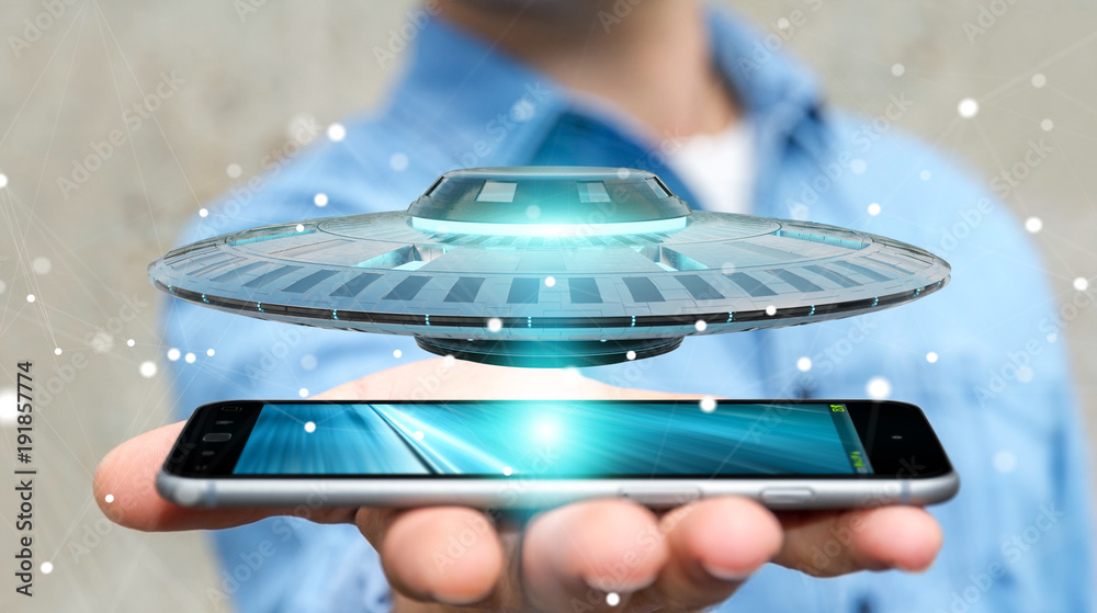 Poster Businessman with retro UFO spaceship 3D rendering