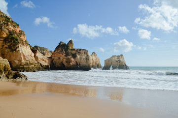 Sunny day, ocean cliffs, sand beach panorama view seascape outdoor, inspiring pleasure background