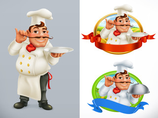 Cook, Chef. Character and label. 3d vector icon set