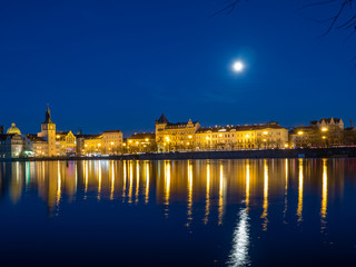Night view of the Old Town of Prague over the Vltava River, Czech Republic