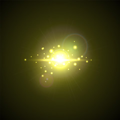 Yellow Flash with rays and spotlight. Realistic light glare, high loth, star glow. Lens flare effect on black background. Bright Sunflare Explosion. Shining Vector illustration Beautiful Template.