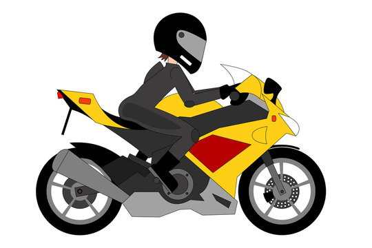 yellow racing motorcycle with biker isolated on the white background