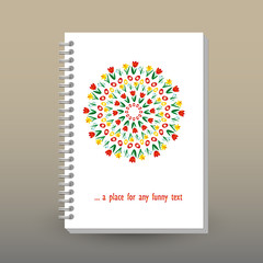 vector cover of diary or notebook with ring spiral binder - format A5 - layout brochure concept - white colored with spring flowers and easter eggs mandala