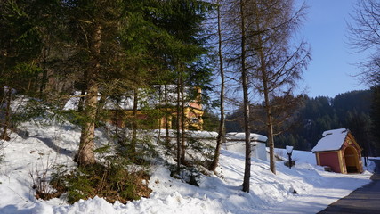 Maria Larch, Terfens, Eggen near Schwaz, Tyrol, Austria - pilgrimage church in winter 2018 with snow