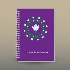 vector cover of diary or notebook with ring spiral binder - format A5 - layout brochure concept - purple violet colored with spring snowdrop mandala