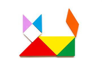 Color wood tangram puzzle in cat shape on white background