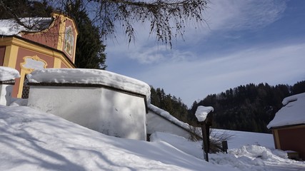 Maria Larch, Terfens, Eggen near Schwaz, Tyrol, Austria - pilgrimage church in winter 2018 with snow