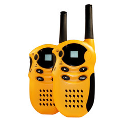 Two portable radio stations are yellow with an antenna and buttons