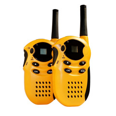 Two portable radio stations are yellow with an antenna