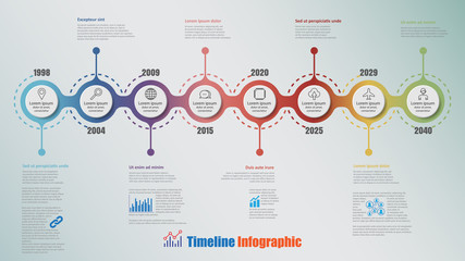 Modern timeline infographic with 8 steps circle designed for template brochure diagram planning presentation process webpages workflow. Vector illustration