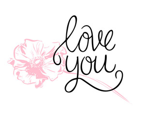 I love you. I heart you. Valentines day calligraphy card. Hand drawn design elements. Handwritten modern brush lettering.