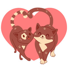 Two cat lovers on a background of pink hearts. Vector illustration.