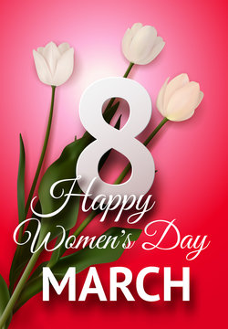 Happy Women's Day March 8 holiday banner with white tulips