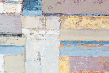 Houses differently colored. Oil painting.