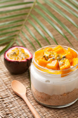 cheesecake in a jar  with tropical fruits