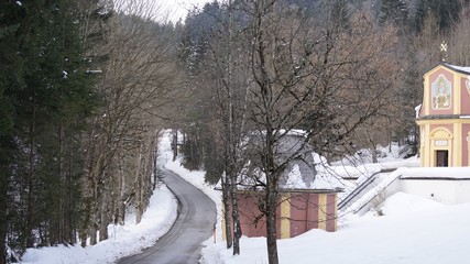 Maria Larch, Terfens, Eggen near Schwaz, Tyrol, Austria - pilgrimage church in winter 2018 with snow