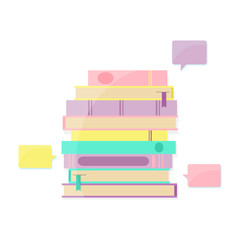 Books pile and bookmark with speech bubbles