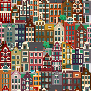 City streets with old buildings, seamless pattern