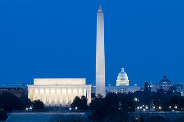Washington DC monuments, Lincoln, Washington and Capitol Building