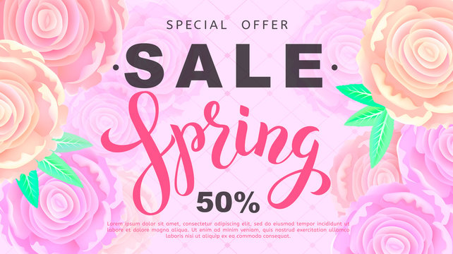 Spring sale banner with rose flowers on black background. Vector illustration