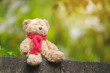 Classic teddy bear with red bow.
