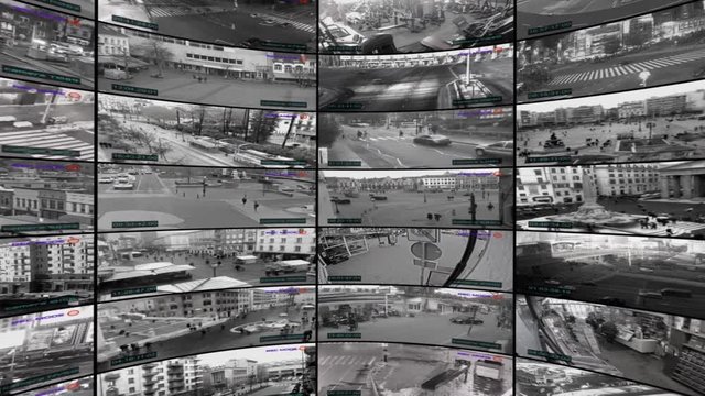 Cctv cameras, split screen of Security cameras, revolving video wall