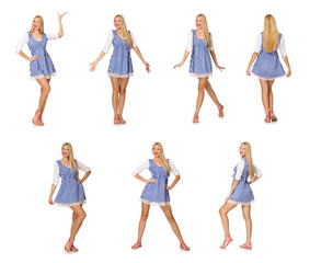 Obraz premium Caucasian woman in plaid blue dress isolated on white