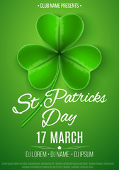 Poster for a Happy Saint Patrick's Day party. Green clover with pattern. Light green background. Invitation to the club, bar. Vector illustration