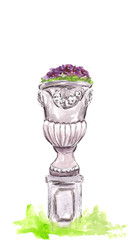 Outdoor and park decorative element : ancient marble vase in old style. Watercolor painting. Hand drawn illustration. Spring or summer purple flowers. Isolated on white background. ..