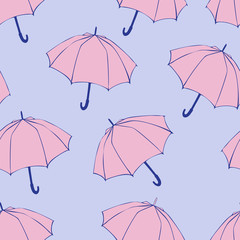 Seamless pattern with doodle umbrellas. For fabric, textile, wallpaper, wrapping paper. Vector Illustration. Hand drawn sketch. Pink elements on blue background.