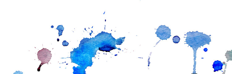 Blue watercolor splashes and blots on white background. Ink painting. Hand drawn illustration. Abstract watercolor artwork.