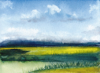 Watercolor painting of summer landscape with mountains, blue sky, clouds, green glade. Abstract hand painted background. Textured paper. Hand drawn nature. Countryside illustration.
