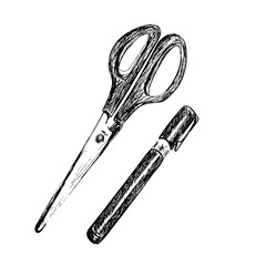 Hand drawn sketch of scissors and pen isolated on white background. Black line drwaing. Stationary and office supplies. Vector engraving illustration. Set of school elements.