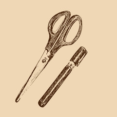 Hand drawn sketch of scissors and pen on light bleige background. Stationary and office supplies. Vector engraving illustration. Set of school elements.