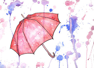 Watercolor opened umbrella on white background with colorful stains, drops and splashes. Hand painted illustration in red and blue colors. Hand drawn vibrant summer element.