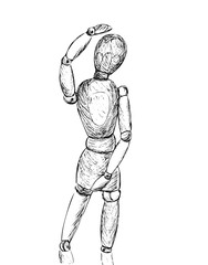 Hand drawn sketch of wooden doll gestalta isolated on white background. Black line vector illustration on Mannequin. Vintage engraving.