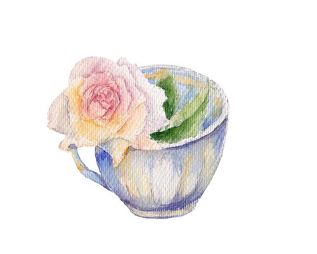Vintage tea cup with pink rose flower. Retro watercolor illustration isolated on white background. Shabby chic style. Beautiful Greeting card. Hand drawn illustration