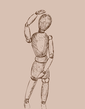Hand drawn sketch of wooden doll gestalta isolated on black background. White line vector illustration on Mannequin. Vintage engraving.