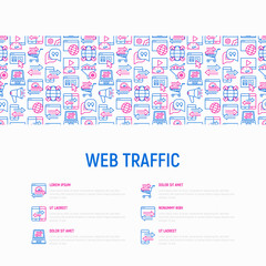 Fototapeta na wymiar Web traffic concept with thin line icons: SEO technology, data exchange, sync, click, mobile backup, traffic speed, sales growth. Modern vector illustration for banner, print media, web page.