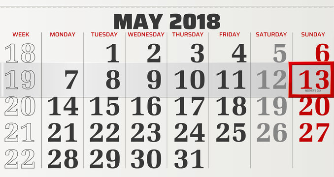 vector calendar of may 2018 with slidable red frame highlighting mother's day