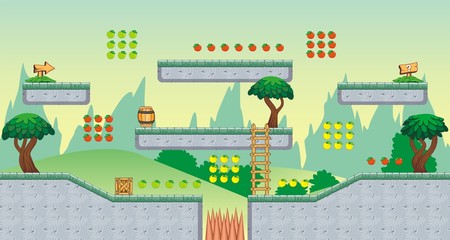 Tile set Platform for Game - A set of layered vector game asset, contains background, ground tiles and several items / objects / decorations, used for creating mobile games 